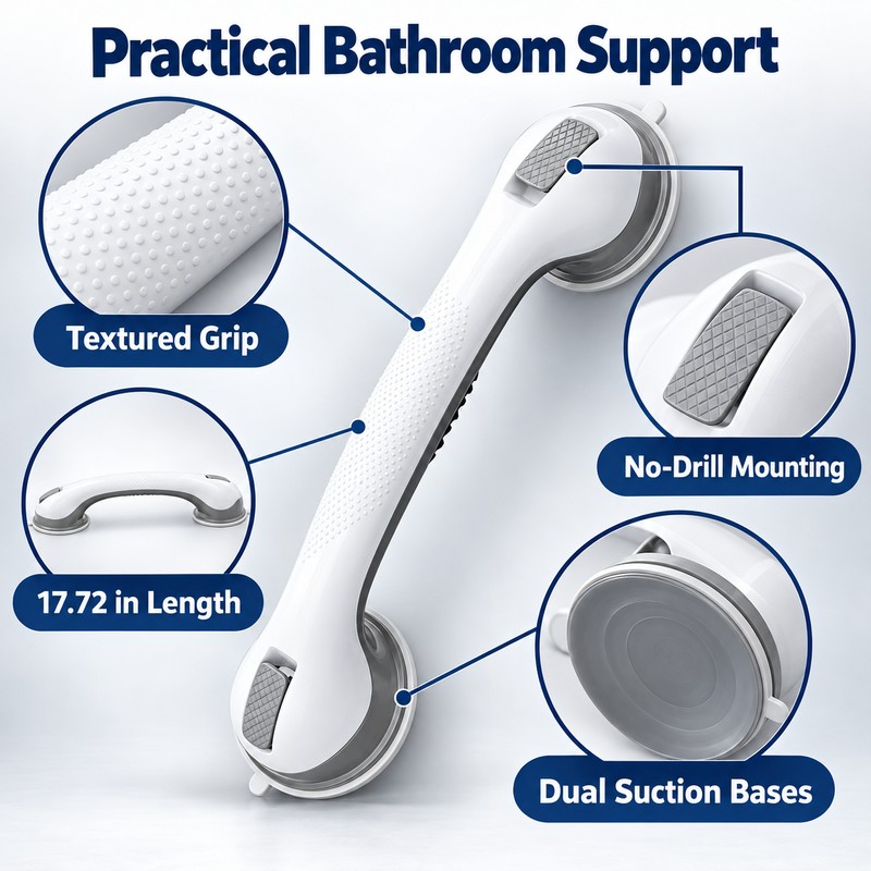 17-Inch No-Drill Bathroom Grab Bar with Footrest – Anti-Slip Shower