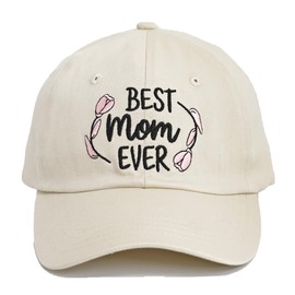 Giavuwn Best Mom Ever Embroidered Cotton Hat, Adjustable Fit, Vintage Washed, Gift for New Moms, Beige