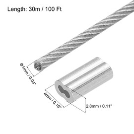 sourcing map 100Ft(30M) Wire Rope 304 Stainless Steel Cable 3/64"(1mm) Vinyl Coated with 10Pcs Aluminum Sleeves for Hanging, Clotheslines, Lifting Transparent
