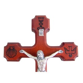Rosewood Brown Wooden Wall Cross Crucifix with Engraved RCIA Symbols, 8 Inch