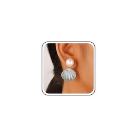 Inateannal Boho Pearl Shell Ear Jacket Earrings Silver Shell Dangle Earrings Large Pearl Stud Earrings Cowrie Seashell Drop Earrings Vintage Metal Seashell Earrings