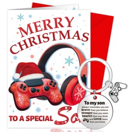 DPKOW Son Christmas Card Keyring Gifts, Funny Gamer Christmas Greeting Card Christmas Keyring for Son Christmas Gamer Gifts Xmas Keyring Christmas Card with Envelope, Christmas Birthday Gifts for Son
