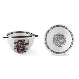 Hagary Dragon Ramen Bowl with Chopsticks Ceramic Bowl Stainless Steel Chopsticks Japanese Style Udon Miso Noodle Soup Bowls Designed in Korea (20oz)