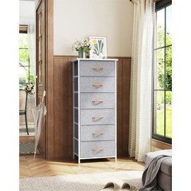 Crestlive Products Tall Dresser Storage Tower - Sturdy Steel Frame, Wood Top, Easy Pull Fabric Bins, Handles - Vertical Organizer Unit for Bedroom, Hallway, Entryway, Closets - 6 Drawers (Light Gray)