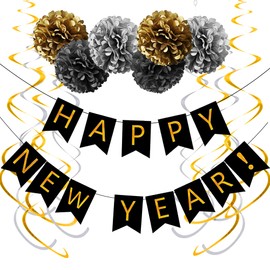 Saliyaa Gold & Black Happy New Year Banner for 2026 New Years Eve Party Supplies,Farewell 2025 Hello 2026 Happy New Year Decorations