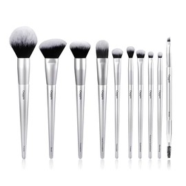 Juego de 10 brochas de maquillaje profesionales sintéticas premium para base de maquillaje en polvo, contorno, rubor, corrector, sombra de ojos, delineador y difuminado (plateadas).