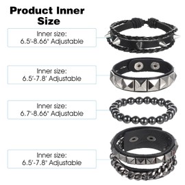 Qianyu 4 Pcs Punk Rock Leather Studded Bracelets for Men Women Spiked Leather Gothic Spike Cuff Bracelet 80s Wristband Punk Rock Bracelet Adjustable Emo Accessories for Rocker Outfits