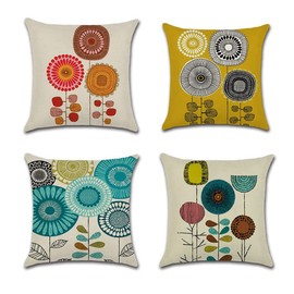 YunJeude Cushion Cover 17.7 x 17.7 inches (45 x 45 cm), Set of 4, Scandinavian Geometric Pattern, Different Pattern, Linen, Flax, Cute, Stylish, Zipper, Four Seasons, Interior, Bedroom (Sunflower -