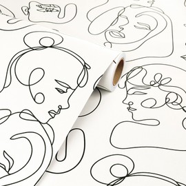 Livelynine Abstract Faces Peel and Stick Wallpaper Self Adhesive Art Nouveau Abstract Wall Paper Modern Cream Black White Contact Paper Removable Tan Beige Neutral Aesthetic Wall Mural 17.5x78.8"