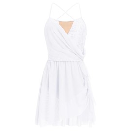 Lyrical Dance Dress for Women V Neck Sparkly Flower Sequin Contemporary Dance Outfits Criss Cross Open Back Flowy Chiffon Mini Skirt Ballerina Salsa Ballroom Ballet Dance Dress White XL