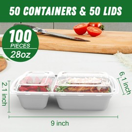 50 Pack (100-Piece) 28 oz Meal Prep Containers Reusable with Lids 2-Compartment, Sturdy Leakproof Food Safe, Microwave Freezer Dishwasher Safe, To Go Take Out Plastic Food Storage, Silver
