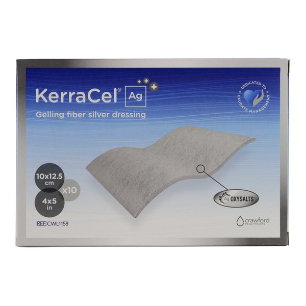 KerraCel Ag 4" x 5" Gelling Fiber Silver Would Dressing (CWL1158) - Absorbs and Isolates Wound Drainage and Kills Bacteria, Micro-Contours to Wound Bed, Maintains Healthy Moisture Levels (Box of 10)
