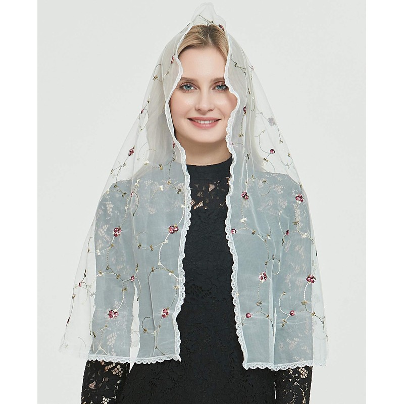 Orthodox Veil Head Covering with Embroidered Flowers Catholic Chapel Mantilla