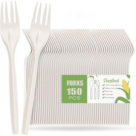 Compostable Forks 150 Count White Heavy-Duty Forks Disposable Cutlery Set 7 Inch Biodegradable Utensils for Party Supply