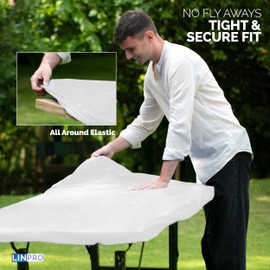 LINPRO 5Pk Plastic Table Cloths Disposable for Parties 8ft Picnic Table Covers with Elastic Fitted Camping Tablecloth Elastic Table Cover Rectangle White Tablecloth Waterproof Outdoor & folding tables
