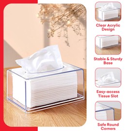 My Happy Home Clear Tissue Dispenser, Acrylic Tissue Box Holder, Bathroom, Desks, Countertops, Vanity, Bedroom, (Rectangle, Clear)
