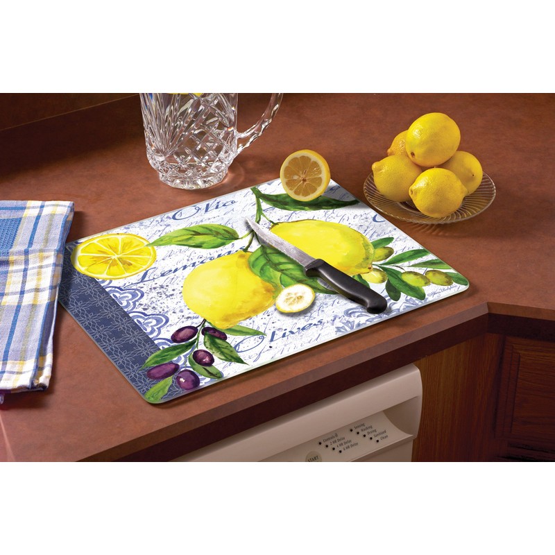 CounterArt Lemons & Olives Glass Cutting Board, 15" x 12"