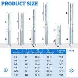 DBREAKS Hanger Bolts Torx, Pack of 15 Double Head Screws, M8 x 100 mm Double Thread Screws, Double Sided Dowel Screws with Locking Tooth Nuts, Screw Pins Thread, Galvanised Double Thread for Furniture