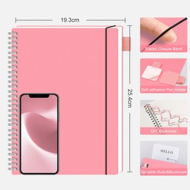 RETTACY Dotted Notebook, B5, Bullet Dot Journal, Lightweight Pad for Students, 140 Sheets, 70 Pages, for Writing, 100 gsm, PVC, Spiral Binding, for Women, Men, Work, Office, 19.3 x 25.4 cm, Pink