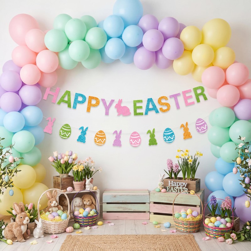 Easter Party Decorations Set – 2 Gold Glitter Banners &