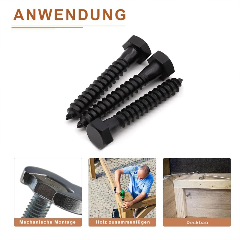 ORTAVA Hexagon Wood Screws (10, Black, M6 x 75)