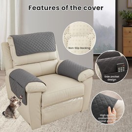 FANSU Armchair Protector for Recliner Chair with Armrests, Armchair Cover with Pockets for TV Chair, Waterproof and Non-Slip Furniture Protector for Sofa, Chair (3-Seater, Dark Grey)