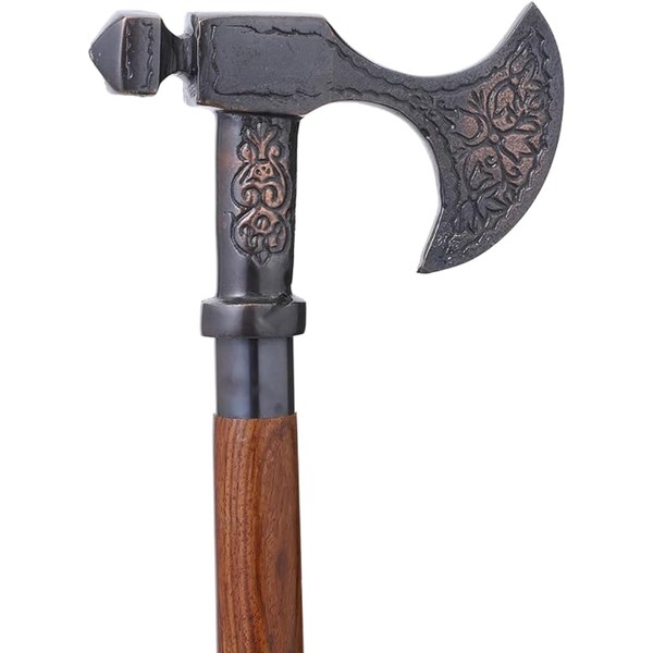 Handcrafted Brown Wooden Walking Stick Brass Inlay Axe Handle Stick