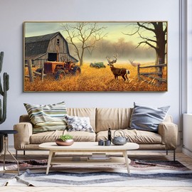XLSJERST Extra Large Deer Wall Art for Living Room Canvas Prints Decor Decoration Country Tractor Rustic Wildlife Cabin Hunting Picture Glass Surface Artwork Ready to Hang for Bedroom Home Office
