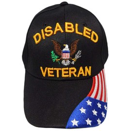 Disabled Veteran w/Eagle, USA Flag On Bill Black Embroidered Adjustable Baseball Hat Cap