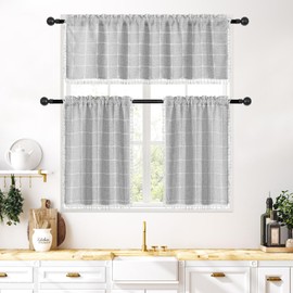 MitoVilla Grey Boho Kitchen Valances for Windows, Modern Farmhouse Valance Curtains for Living Room/Bedroom, French Country Cotton Linen Fabric Topper Window Curtain with Tassel, 52’’W x 18’’L