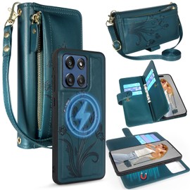 Lacass Compatible with Moto G Stylus 5G 2025 Detachable Crossbody Wallet Case,Compatible with MagSafe,[Cards Theft Scan Protection],Magnetic Case Stand PU Leather Zipper(Floral Cyan Green)