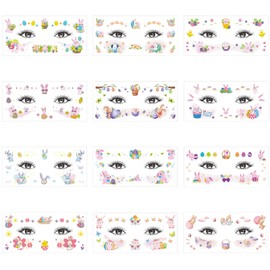 12 Sheets Easter Face Temporary Tattoos Glitter Rabbit Egg Bunny Temporary Tattoo Stickers for Women Girls Children in Party Favors Supplies Easter Day Decorations Accessories