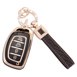 EKALA for Hyundai Key Fob Cover with Leather Key Fob Keychain, Soft TPU Key Fob Protector Shell Fit for Hyundai Elantra Elantra GT Sonata Tucson Ioniq 4 Buttons Keyless Entry Smart Key (BP-HYD-4)