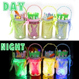mishunyus 4 Pack Light Up Easter Craft Kit, DIY Easter Lantern Craft, Mason Jars Easter Hanging Lantern Decoration, Indoor Garden Decor, DIY Night Light