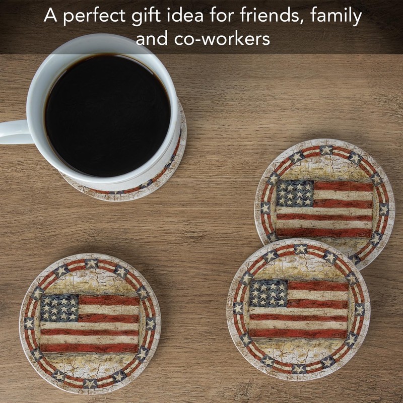 Thirstystone Americana Natural Sandstone Coaster 4 Pack Eco-Friendly, Absorbent, Easily