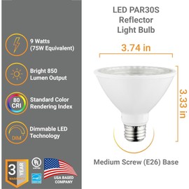 Diodesy- Pack of 6 PAR30/LED/9W/SHORT/FL35/D/E/40K/6PK PAR30 Short Neck LED Flood Light Bulb, 9 Watts (75W Halogen EQ), 4000K Cool White, Dimmable, E26 Long Lasting Light for Recessed, Track, Accent