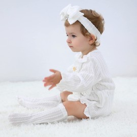 GRNSHTS Newborn Baby Girl Clothes Ruffle Solid Sweater Romper Long Sleeve Button Bodysuit+Hairband+Socks 3Pcs Fall Winter Outfits(White,6-9 Months)