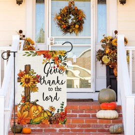Louise Maelys Welcome Fall Garden Flag Give Thanks to the lord 12x18 Inch Double Sided Small Burlap Autumn Yard Flag Thanksgiving Outside Outdoor House Decor (Only Flag)