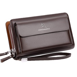 Hana 2nd Bag, Men's, Genuine Leather, Clutch Bag, Men's, Large Capacity, Double Zipper, Men's Pouch, Braun