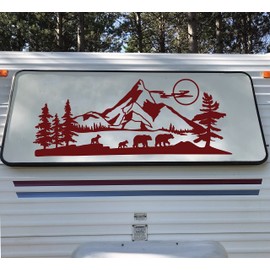 Bear Family Mountain Moon Scene Vinyl Decal V3 - RV Camper Travel Trailer Graphics - Die Cut Sticker