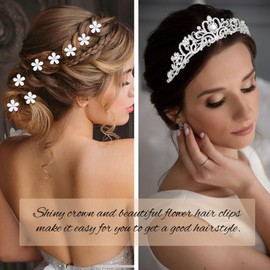 Sparkling Silver Crown Tiara for Women & 20 Mini White Flower Hair Clips – Bridal Wedding Princess Party Hair Accessories Rhinestone Queen Crown