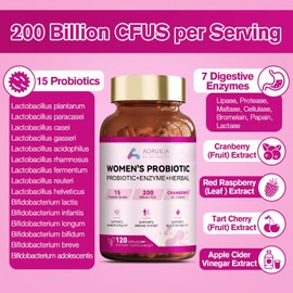 Aoruilia 26-in-1 Probiotics for Women with 200 Billion CFUs 15 Strains, Digestive Enzymes & Cranberry Extract, Natural Prebiotics Vaginal Probiotics for Gut Health, Urinary, Immune, Digestion - 120 Vegan Caps