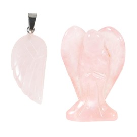 Soulnioi 1.5" Natural Healing Crystal Gem Statue Guardian Angel Figurine for Home Room Decoration Ornament (Rose Quartz), and 1pc Angel Wings Crystal Carved Necklace Pendant (30 * 15mm)