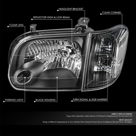 DNA MOTORING Pair of OE Style Headlights Compatible with 05-07 Sequoia / 05-06 Tundra Crew Cab,Black/Clear,HL-OH-TT054P-BK-CL1