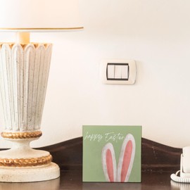 Happy Easter Sign, Pink Bunny Ears Easter Wooden Box Sign, Easter Bunny Decorations, Happy Easter Decorations, Bunny Easter Wood Signs for Home Office Desk Table Shelf Decor, 5x5 Inch