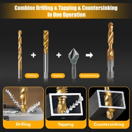 Junreox 6 Pack Combination Drill and Tap Set, Professional HSS Titanium Thread Tap Drill Bit Set in SAE 6-32nc 8-32nc 10-32nc 10-24nc 12-24nc 1/4-20nc, Quick Change Screw Tapping with 1/4” Hex Shank