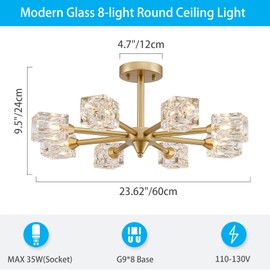 XINGQI 8-Light Semi Flush Mount Ceiling Light Fixture Modern Antique Gold Sputnik Chandeliers Fashion Lighting for Bedroom Dining Room Farmhouse Kitchen Office