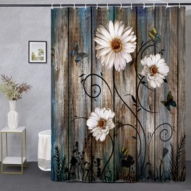 Miffrank Rustic Shower Curtain Set Grey Floral Fabric Bath Curtain 12 Hooks Butterfly Daisy American Country Farm Style 84W×72 L Inches