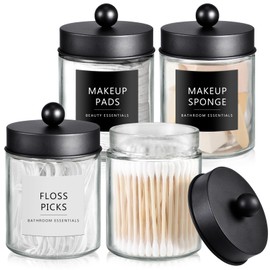 SheeChung Qtip Dispenser Holder 4pcs, Glass Apothecary Jars with Stainless Steel Lids &Stickers, Countertop Canister Guest Bathroom Storage Organizer Set for Cotton Swabs/Balls, Floss Picks(Black)