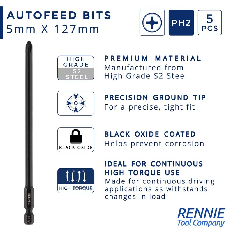 5 x Rennie Tools 127mm Long PH2 Compatible with Makita